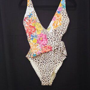 Johnny Was Women Floral Leopard Print Wrap V-Neck One-Piece Swimsuit NWOT